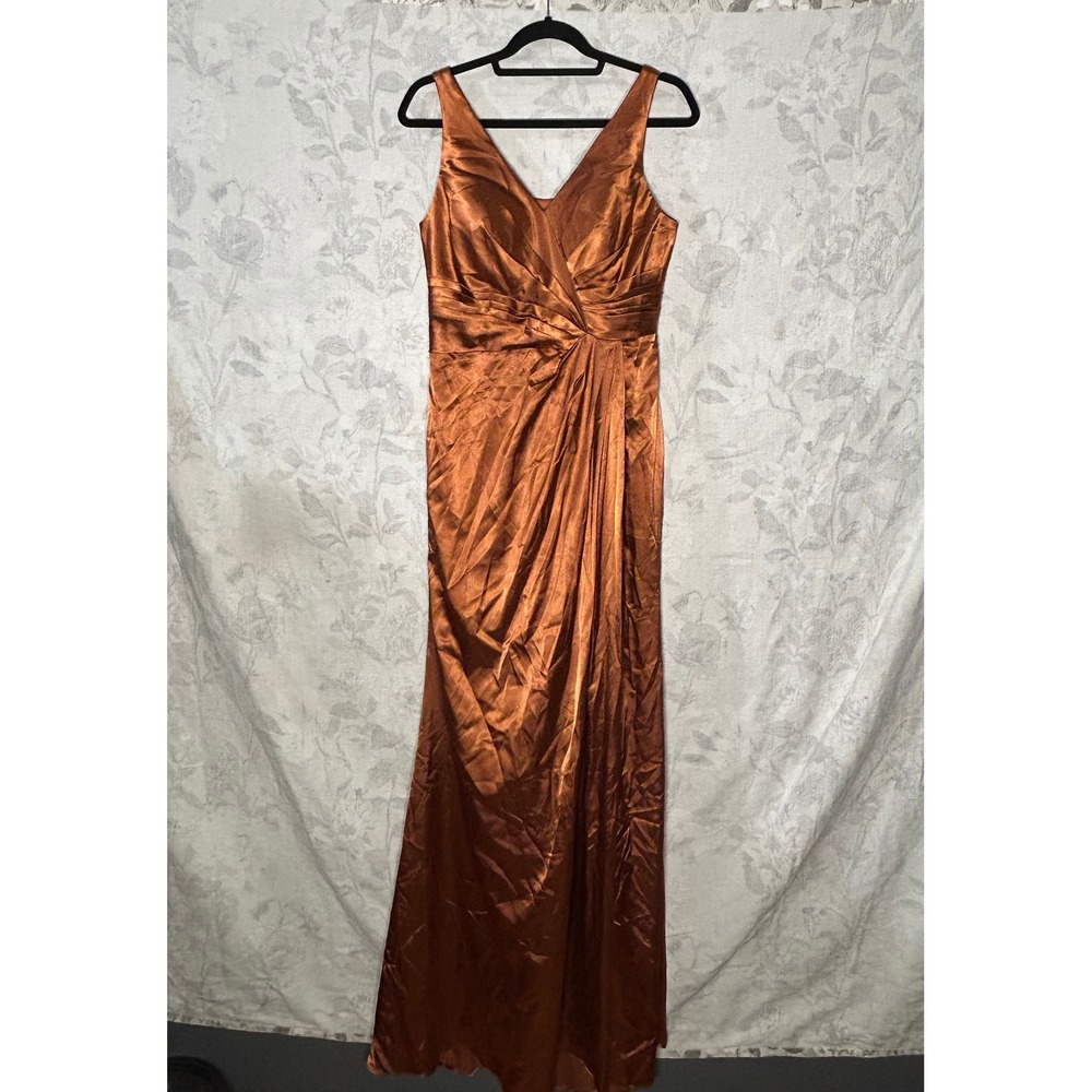 Satin Ruched Gown Copper Orange V Neck Sleeveless Formal Evening Dress